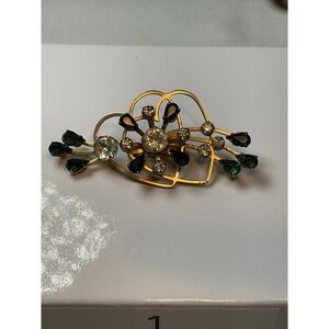 Antique Mid-Century Gold Plated Modernist Rhinestone Brooch - Green, White, Gold